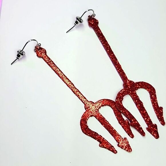Red Devil Pitchfork Trident Dangle Earrings - Picture 2 of 6